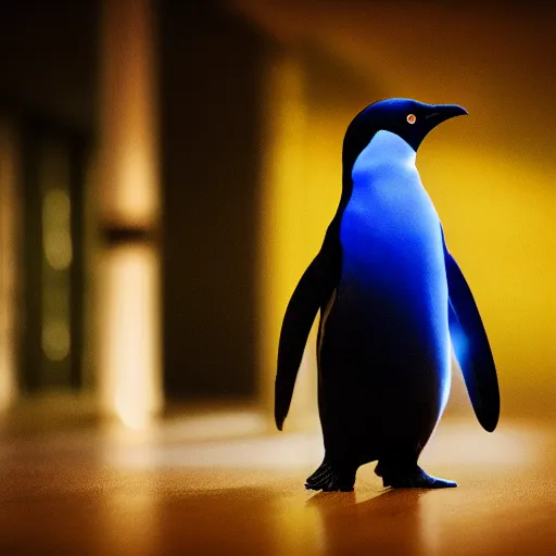 Image similar to portrait photo of linux penguin as a jedi, blue and yellow lighting, dark, cinematic, high quality, 4 k