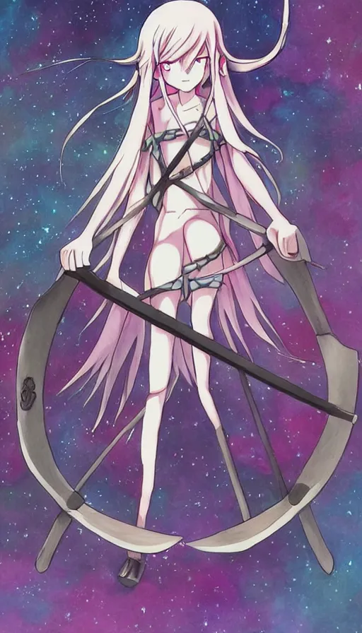 Image similar to a beautiful link drawing of the being death as a cute anime girl with a giant scythe from a studio ghibli film inspired by the death tarot card, dark vibes, pastel colors, cosmic,