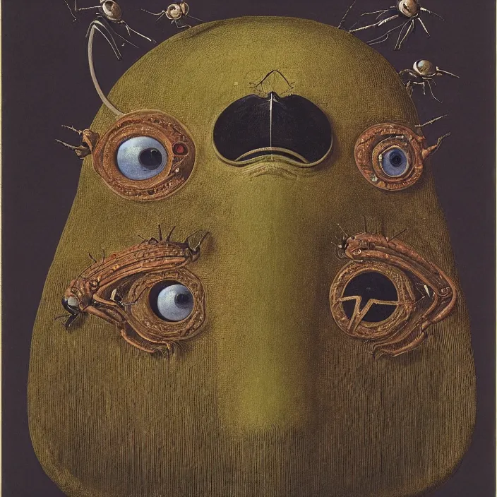 Image similar to close up portrait of a mutant monster creature with facial features resembling a medieval steel helmet, beetle eyes and antennae. by jan van eyck, walton ford