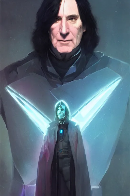 Image similar to portrait of cyborg severus snape in cyberpunk, neon lighting, night city, digital art from artstation by Ruan Jia and Mandy Jurgens and Artgerm and william-adolphe bouguereau and Greg Rutkowski