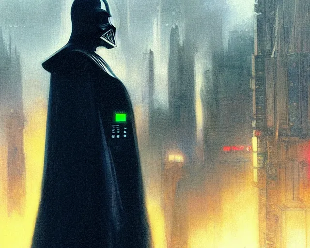 Prompt: 2 0 1 8 blade runner movie still darth vader look at the cityscape from roof perfect face fine realistic face pretty face reflective polymer suit tight neon puffy jacket blue futuristic sci - fi elegant by denis villeneuve tom anders zorn hans dragan bibin thoma greg rutkowski ismail inceoglu illustrated sand storm alphonse mucha