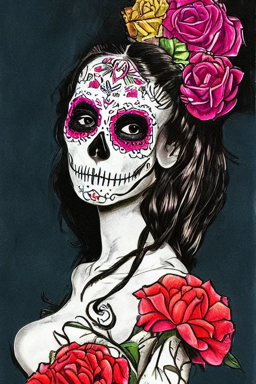 Prompt: Illustration of a sugar skull day of the dead girl, art by gustave baumann