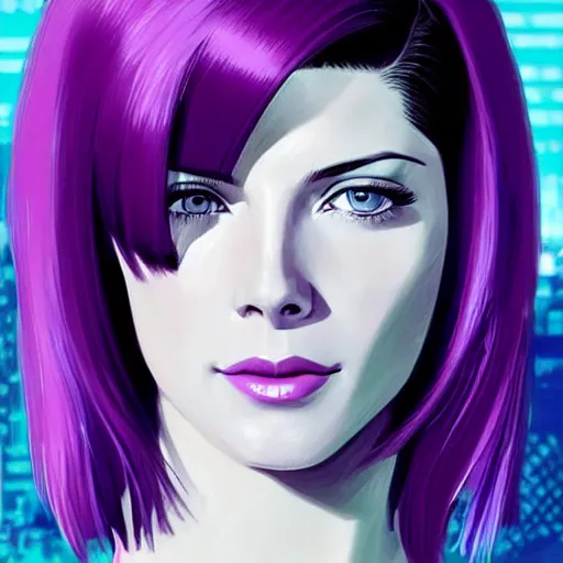 Image similar to A combination of Grace Kelly's and Katheryn Winnick's and Ashley Greene's faces with short violet hair as Motoko Kusanagi from Ghost in The Shell, cyberpunk style, synthwave aesthetic, fantasy, intricate, elegant, highly detailed, digital painting, artstation, concept art, matte, sharp focus, illustration, half body portrait, art by Artgerm and Greg Rutkowski and Alphonse Mucha