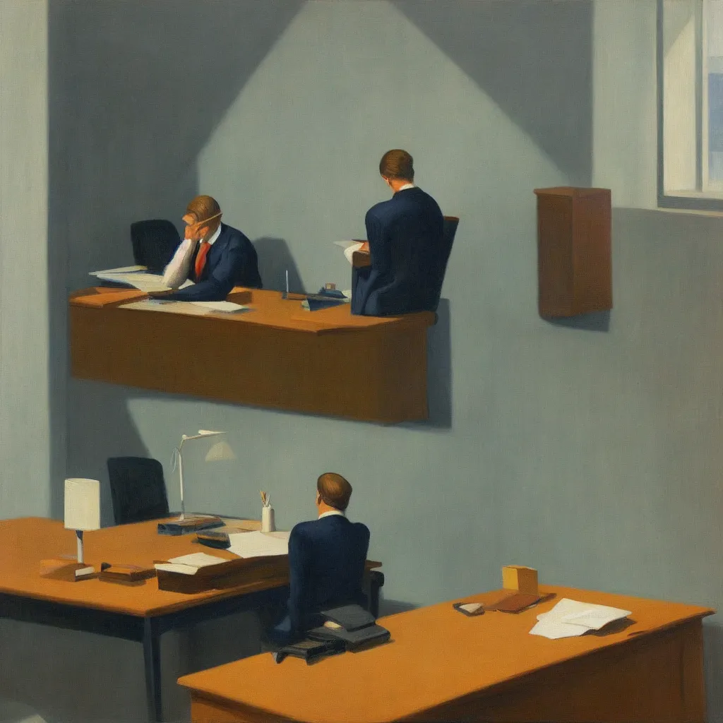 Prompt: painting of a lone man, sitting at his desk in an empty, huge office, in the style of edward hopper