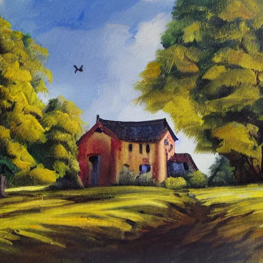 Image similar to house in the countryside on a sunny day, forest, detailed, peaceful, brush strokes, oil painting