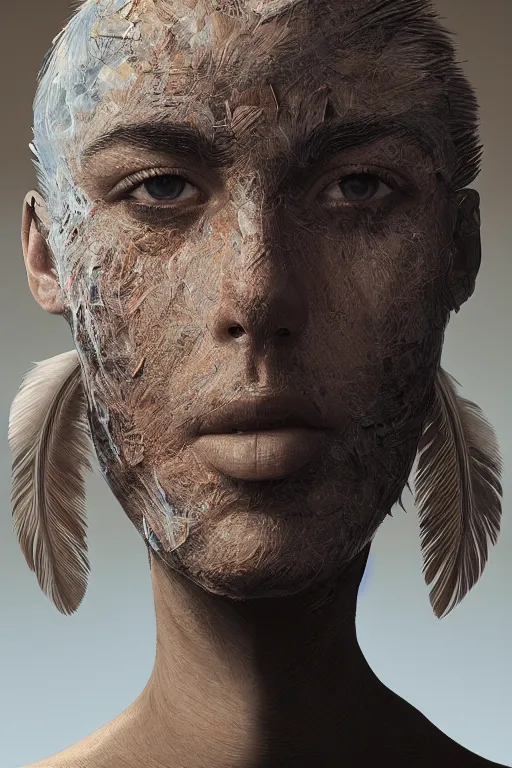 Prompt: Face made of feathers. Сoncept art, Dan Mumford, Greg Rutkowski, Quixel Megascans, octane render, 16k, 8k, photoillustration, RTX