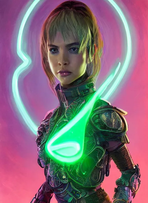 Image similar to a professional portrait of a beautiful young female, clothed in electric neon armor, olive skin, long dark hair, beautiful bone structure, symmetrical facial features, intricate, elegant, digital painting, concept art, smooth, sharp focus, finely detailed, illustration, from Valerian and the City of a Thousand Planets, by Ruan Jia and Mandy Jurgens and Artgerm and William-Adolphe Bouguerea