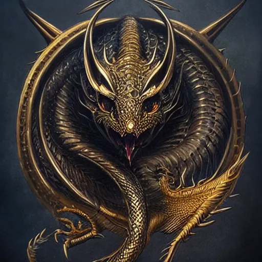 Image similar to emblem of black dragon on a gold metallic dragon emblem, by artgerm, tom bagshaw, gerald brom, moody vibe, goth vibe, gold, 4 k, hd,