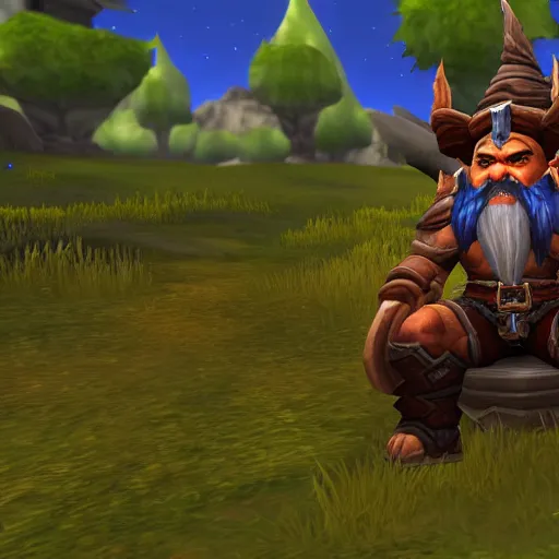 Prompt: World of Warcraft screenshot of a gnome sitting on a wild boar