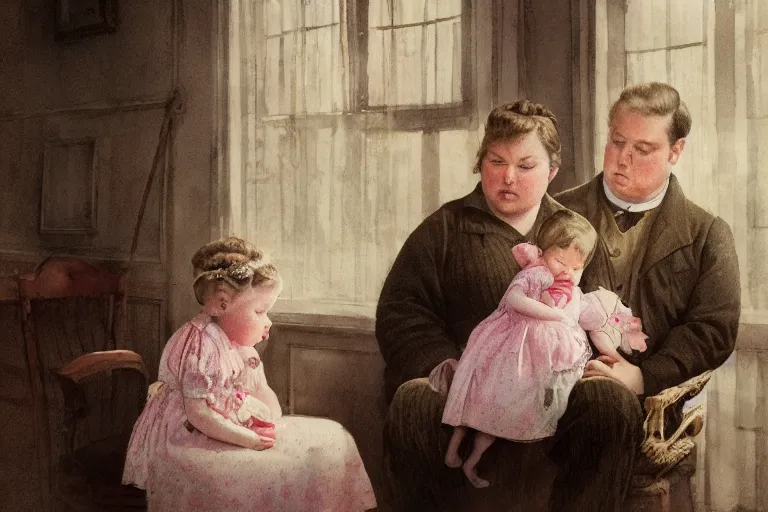 Image similar to charming and chubby parents and their very fat baby girl, wearing a polka dot cloths and a victorian - style hairdo, sits in the large and bright studio. sunlight enters through the barred window. delicate watercolor and pencil on canvas. beautiful lighting, 4 k post - processing, highly detailed, 5 k extremely detailed, 3 d. cinematic scene.