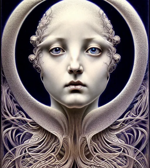 Image similar to detailed realistic porcelain beautiful moon goddess face portrait by jean delville, gustave dore, iris van herpen and marco mazzoni, art forms of nature by ernst haeckel, art nouveau, symbolist, visionary, gothic, neo - gothic, pre - raphaelite, fractal lace, intricate alien botanicals, ai biodiversity, surreality, hyperdetailed ultrasharp octane render