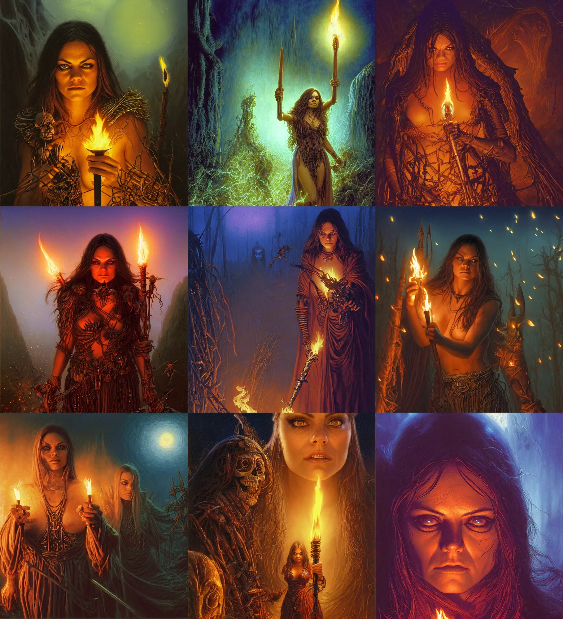 Prompt: priestess sorceress mila kunis action close - up portrait as skeletons approach, fog, fireflies, torch light, donato giancola, tim hildebrandt, wayne barlow, bruce pennington, larry elmore