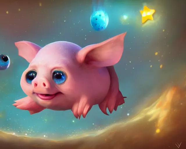 Image similar to 3D Fantasy Cute and adorable space piglet , huge adorable eyes, bright stars, Smooth 3D Illustration, soft render, Servando Lupini, Daniil Kudriavtsev, handpaint texture, Blender, 3DCoat