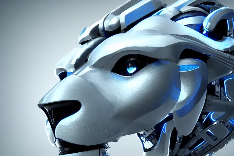 Image similar to lion, futuristic, cybernetic, metal, white blue grey, octane render, studio light,