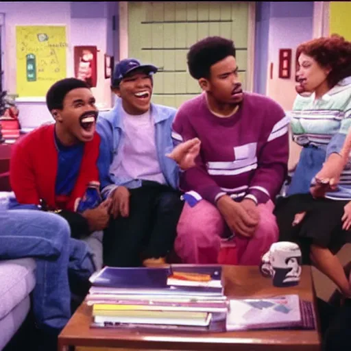 Image similar to a tv still of Chance The Rapper starring as a black college student at Jones College Prep in a 1993 sitcom