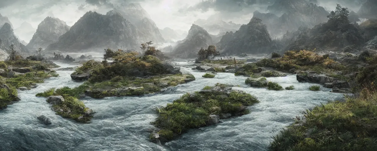 Prompt: ” otherwordly landscape with a river, [ by wlop, cinematic, detailed, epic, widescreen, opening, establishing, mattepainting, photorealistic, realistic textures, octane render ] ”