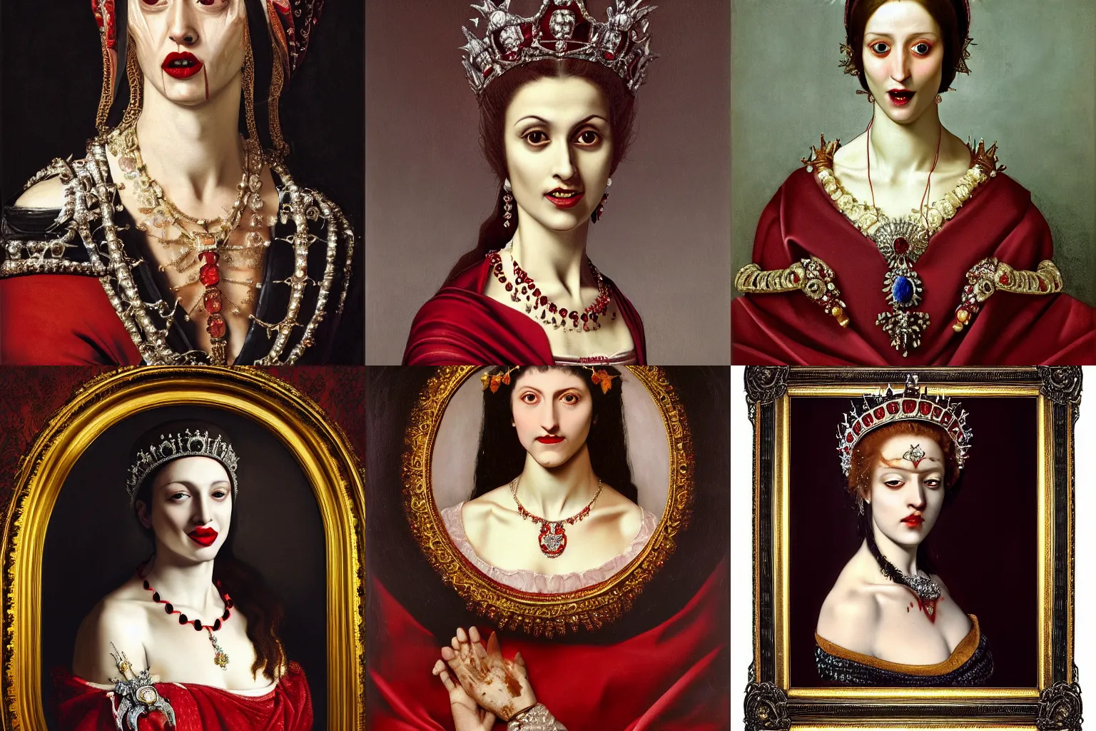 Prompt: A extremely highly detailed majestic hi-res beautiful immaculate head and shoulders painting of a beautiful bloody vampire woman with fangs, crying tears of red blood wearing a long royal red silk dress, the crown jewels is on her head and around her neck is a ornate golden necklace decorated with diamonds and rupees smiling by Michelangelo Merisi da Caravaggio, high detail, hyperrealistic, photorealistic, octante render, cinematic, high textures, royaltly, royal, hyper sharp, 4k insanely detailed and intricate, hypermaximalist, 8k, hyper realistic, super detailed, 4k HDR hyper realistic high,