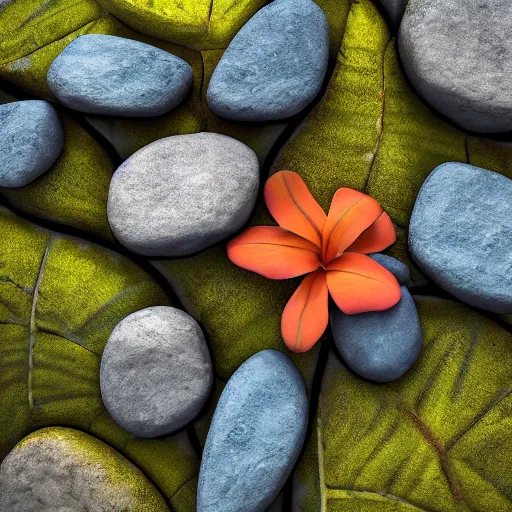 Image similar to tropical leaves, flora and fauna and flowery rocks closeup by rippling blue water, path traced, environment, highly detailed, concept art, realistic, octane render, up close shot