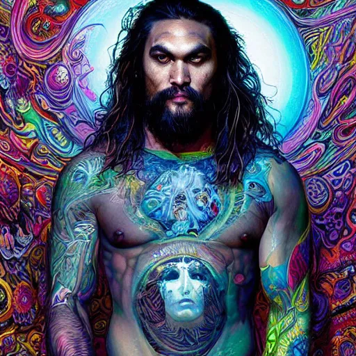 Image similar to portrait of jason momoa, hyper detailed masterpiece, neon floral pattern, jean giraud, digital art painting, darkwave goth aesthetic, psychedelic, artgerm, donato giancola and tom bagshaw