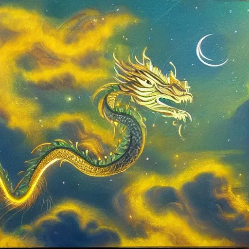 Image similar to beautiful oil painting of golden eastern dragon alone in sky, green lightning, night clouds, above city