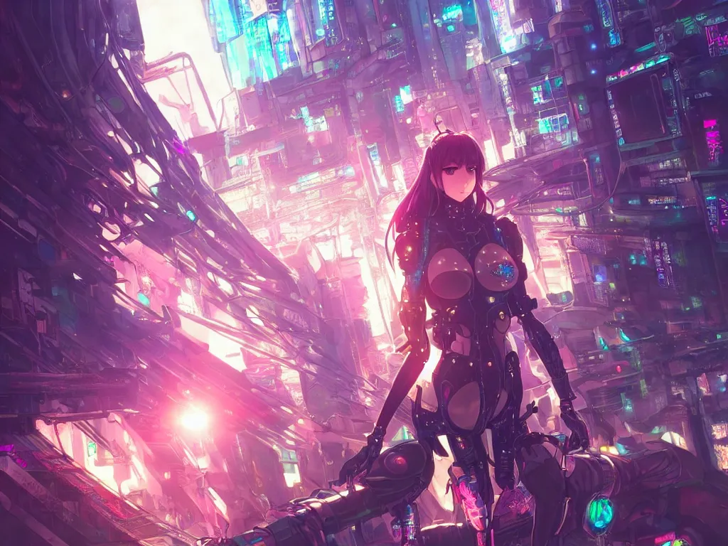 anime cyberpunk girl wearing futuristic outfit in a neon city at