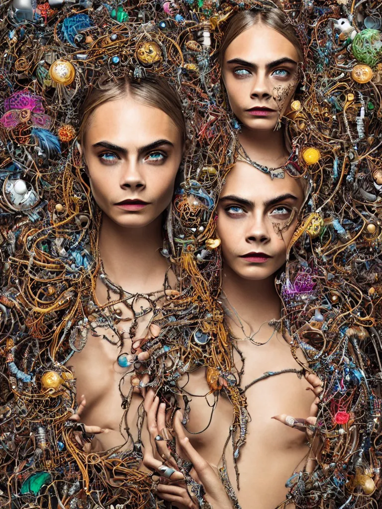 Prompt: a photo real centered image of cara delevingne beautiful tribal goddess surrounded by intertwining bio - mech tendrils made of machine and robot parts and gemstones and leaves and feathers and incense smoke, full body, gorgeous face, perfect face, powerful, by james jean, by ross tran, 3 d, cinema 4 d render, trending on artstation, octane render, 8 k
