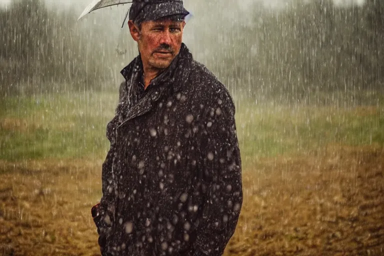 Image similar to a cinematic headshot portrait of a farmer, stood outside a wooden cabin, raining, movie still, shallow depth of field, ultra realistic, dramatic lighting, by krenz cushart