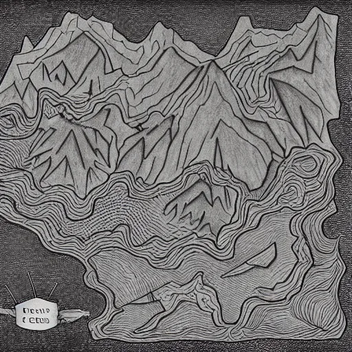 Image similar to topographical map of a fantasy world, drawing, monsters