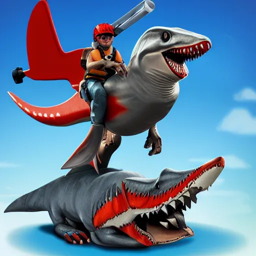 Image similar to raptor riding shark and holding a rocket launcher, highly detailed