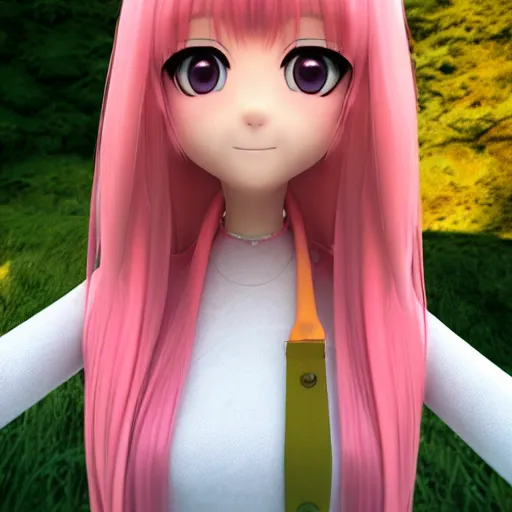 Prompt: Selfie render of a cute 3d anime girl, long pink hair, full bangs, hazel eyes, cute freckles, soft smile, golden hour, beach setting, medium shot, mid-shot, trending on Artstation,