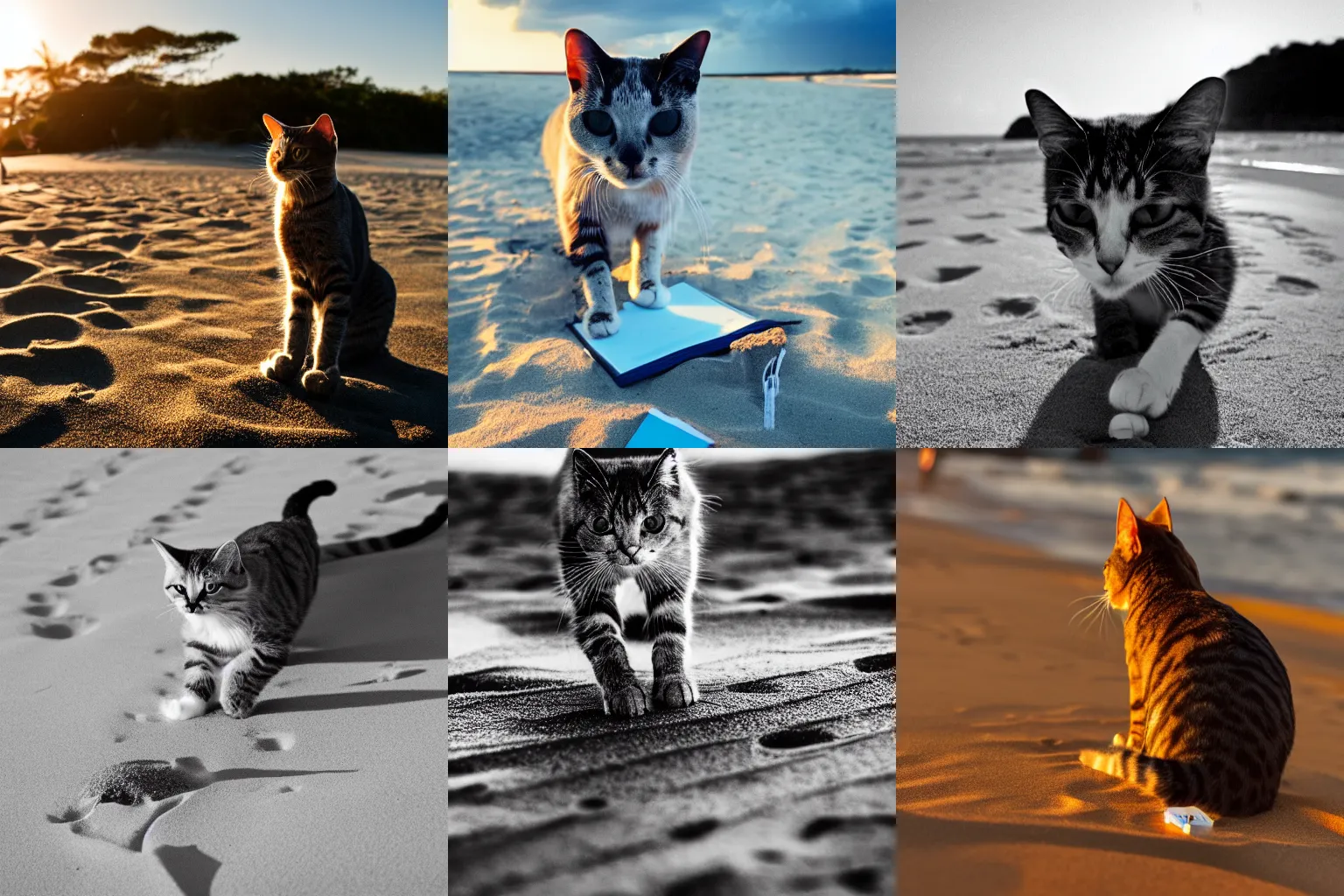 Prompt: Photo of a cat doing math in the beach, award-winning, golden hour, 35mm, photography contest