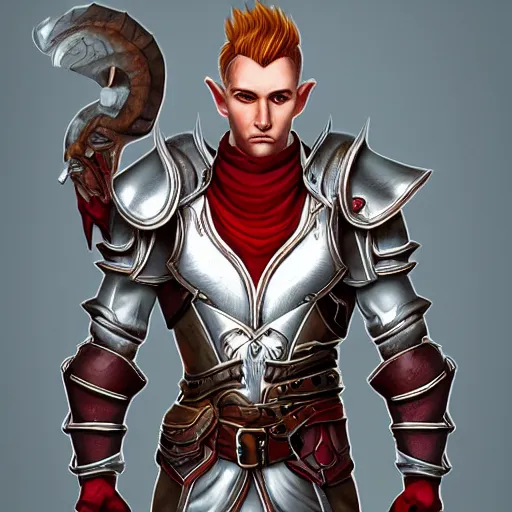 Prompt: character portrait, D&D, male half-elf, artificer, short red mohawk, white coat, half-plate armor, artstation, ultra detailed, todd lockwood