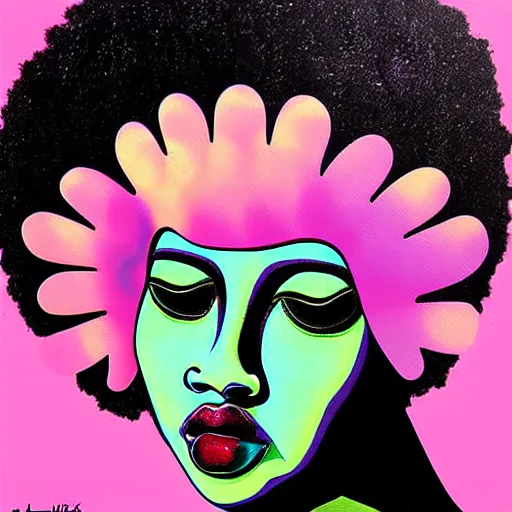 Image similar to the abstract painting of an image of afro lady artistic flat illustration by larry klewchuk, surrealism