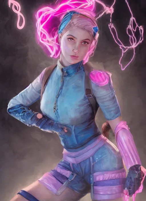 Image similar to An epic fantasy comic book style portrait painting of a young woman, with a wavy short pink hair and pink fedora hat, wearing a light pink jacket with a dark blue tie, purple gloves and blue jeans shorts and white shoes. She is holding blue neon strings tied on her hand, Unreal 5, DAZ, hyperrealistic, octane render, cosplay, RPG portrait, dynamic lighting