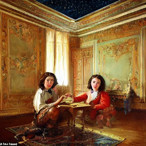 Image similar to udmurt twins uncovering the mysteries of long forgotten room with a starlit ceiling, in the style of konstantin razumov, detailed faces, extremely detailed