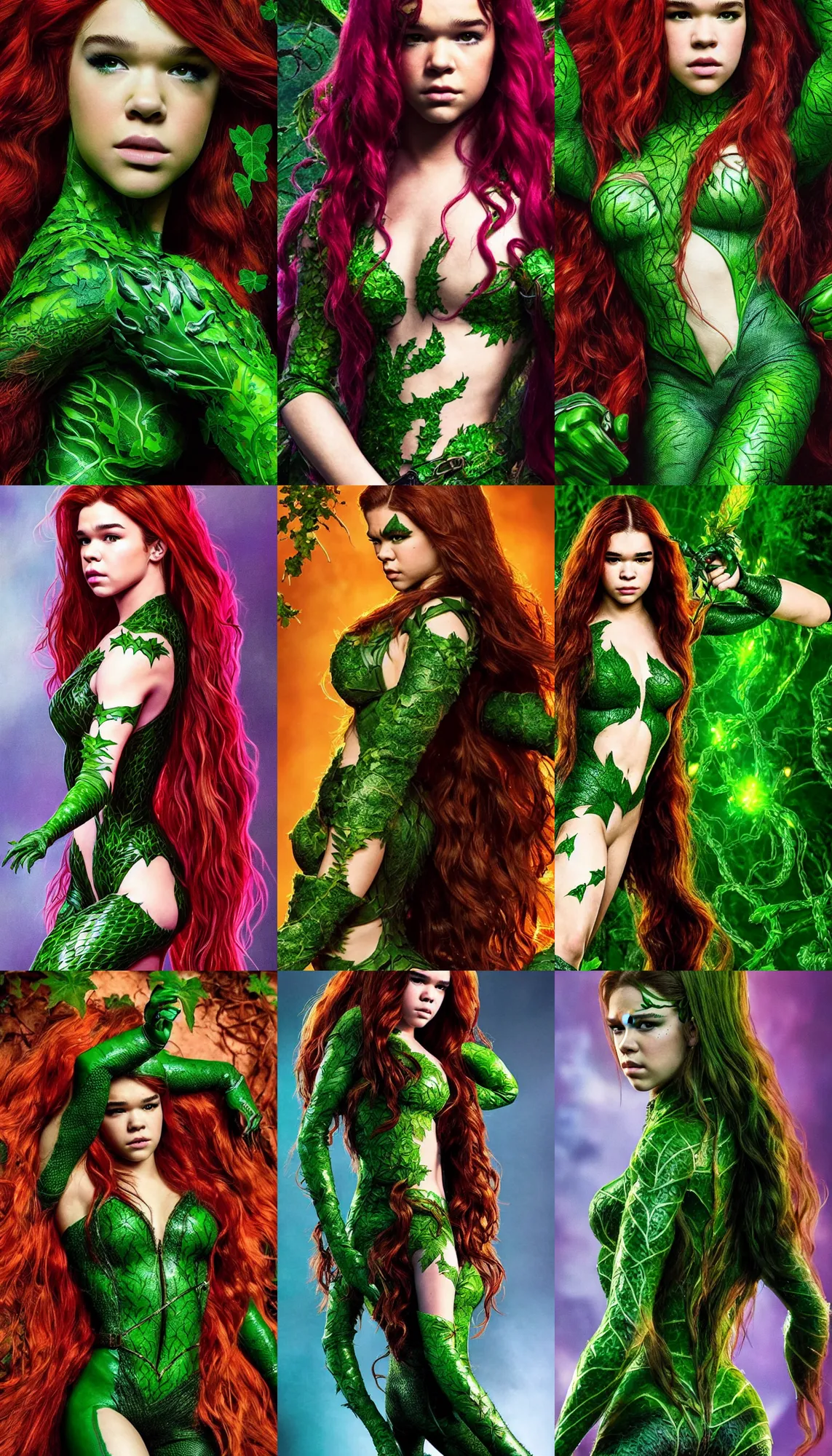 Prompt: hailee steinfeld as poison ivy, photorealistic art, full body, intricate detailing, high definition, cinematic lighting