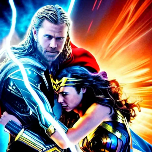 Image similar to thor and wonder woman in new york, fighting against villain electro, cinematic movie scene, epic fight, blue lightning, yellow lightning, photo, effects shot