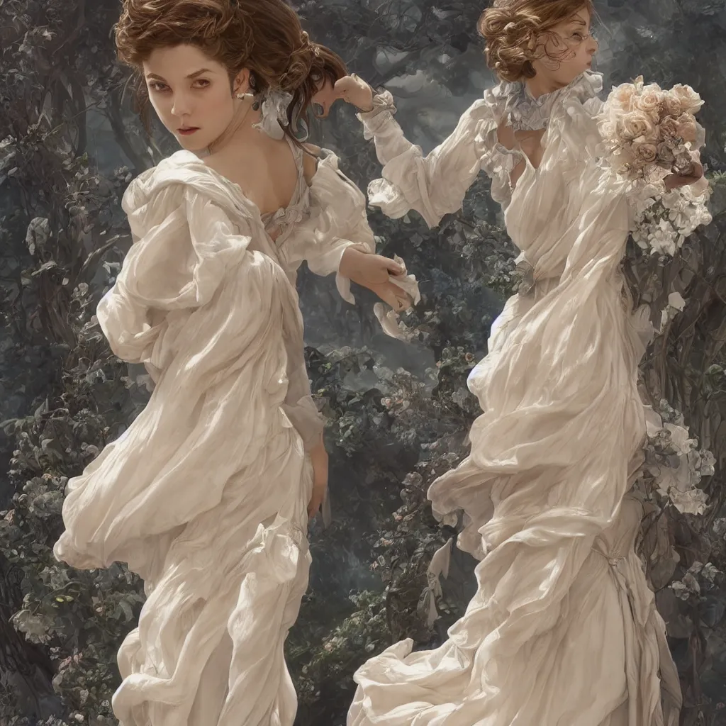 Image similar to one woman dressed in a vaporous wrapped large victorian cream roses silk semi-transparent blue and cream dress fashion is running D&D, fantasy, intricate, elegant, highly detailed, digital painting, artstation, concept art, matte, sharp focus, illustration, art by Artgerm and Greg Rutkowski and Alphonse Mucha, UHD