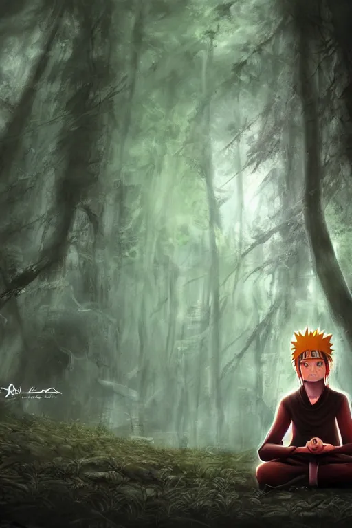 Image similar to photorealistic dark fantasy concept art of Naruto meditating in a forest, dynamic lighting, stunning visuals, realism, cinematic, hyper detailed, ultra detailed, beautiful visuals and sunset