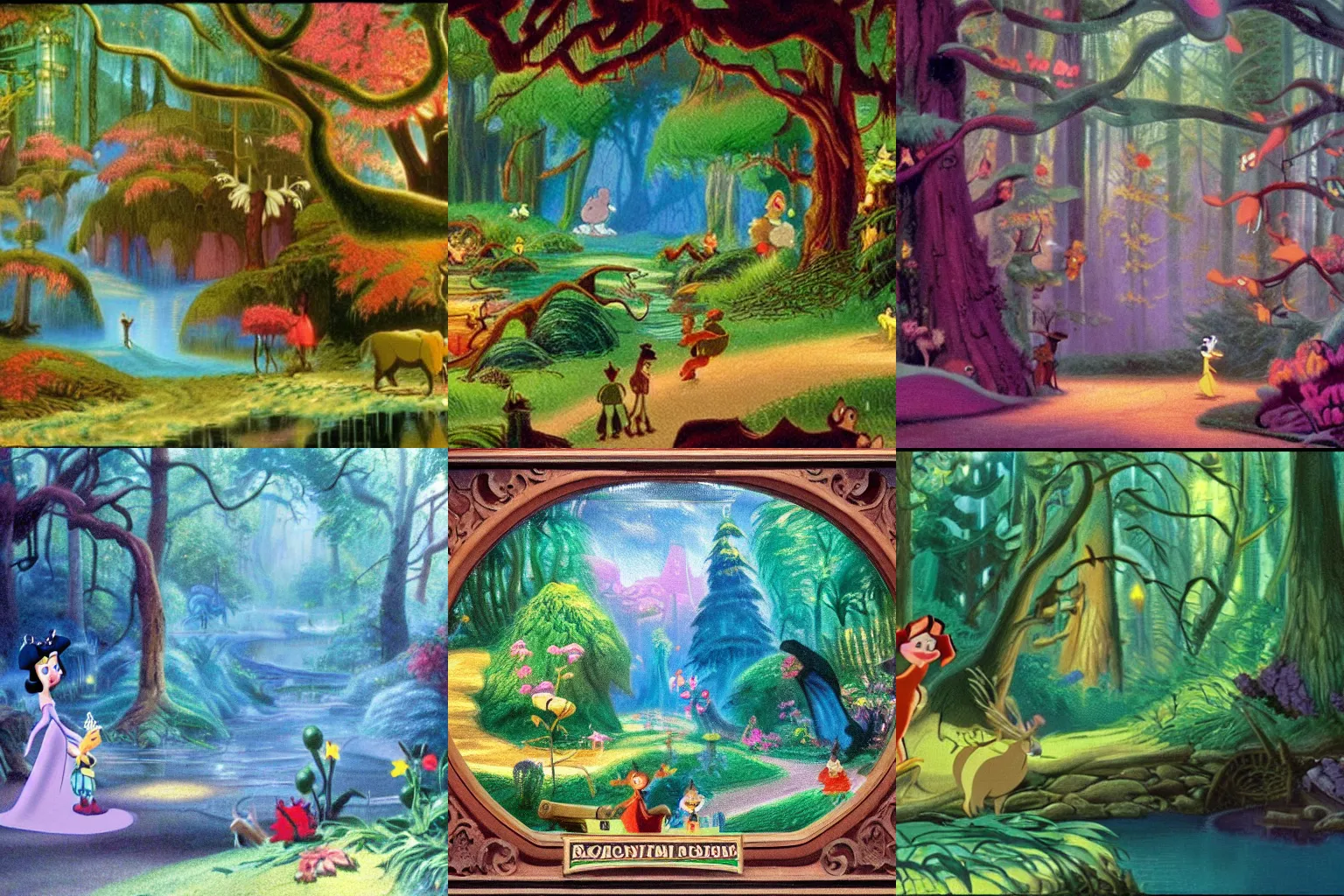 Prompt: Movie frame from the coloured Disney animated motion picture released in 1946, beautiful enchanted forest full of critters, directed by Walt Disney, highly detailed background paintings by Thomas Kinkade