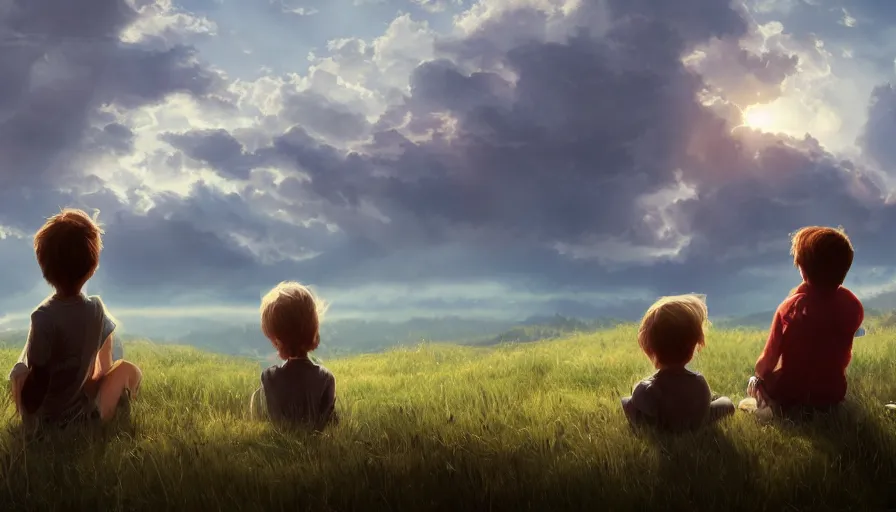 Image similar to back view of kids watching the sun sitting of the hill, clouds in the sky, hyperdetailed, artstation, cgsociety, 8 k