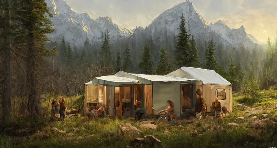 Image similar to cabela's beautiful comfortable community of modular insulated wall container home kit - house all weather military grade family dwelling tent house, person in foreground, mountainous forested wilderness open fields, beautiful views, painterly concept art, environmental concept art, concept art illustration, by james gurney, by craig mullins, by greg rutkowski trending on artstation