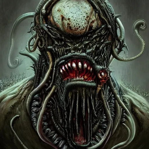 Prompt: Dark fantasy Painting of a hulking muscular demonic flesh creature covered in boils with drool dripping from its mouth, hr giger muscles, tentacles growing from its face, disgusting, creepy, unsettling, horror, upper body, intricate, wild, highly detailed, digital painting, artstation, concept art, smooth, sharp focus, illustration, art by artgerm and greg rutkowski and alphonse mucha
