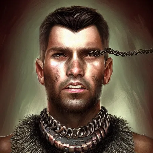 Prompt: realistic portrait, 30 year old man :: athletic, rough, angered :: short black hair, dark taint :: chain mail :: high detail, digital art, RPG, concept art, illustration