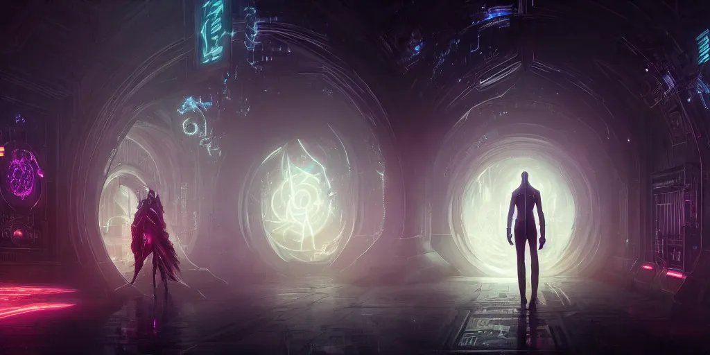 Image similar to portal to the ethereal realm, centered composition, intricate concept art, ethereal, ominous, mysterious, enchanted, magic, dramatic lighting, illuminated lines, outrun, vaporware, illuminated runes, cyberpunk darksynth, dark background, 8 k, octane render, by james paick and stephan martiniere and alphonse mucha
