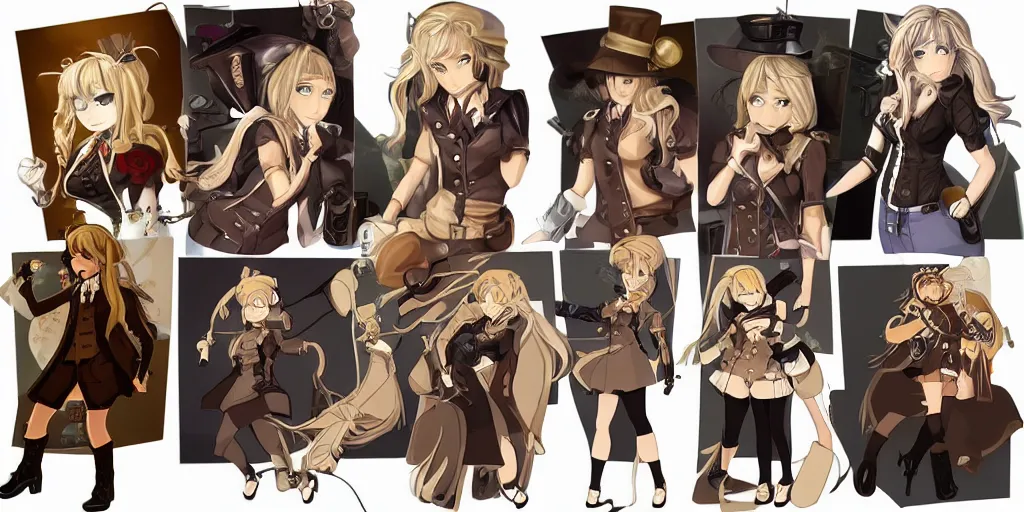 Image similar to visual novel sprites of a blonde haired steampunk detective girl, 2 d,