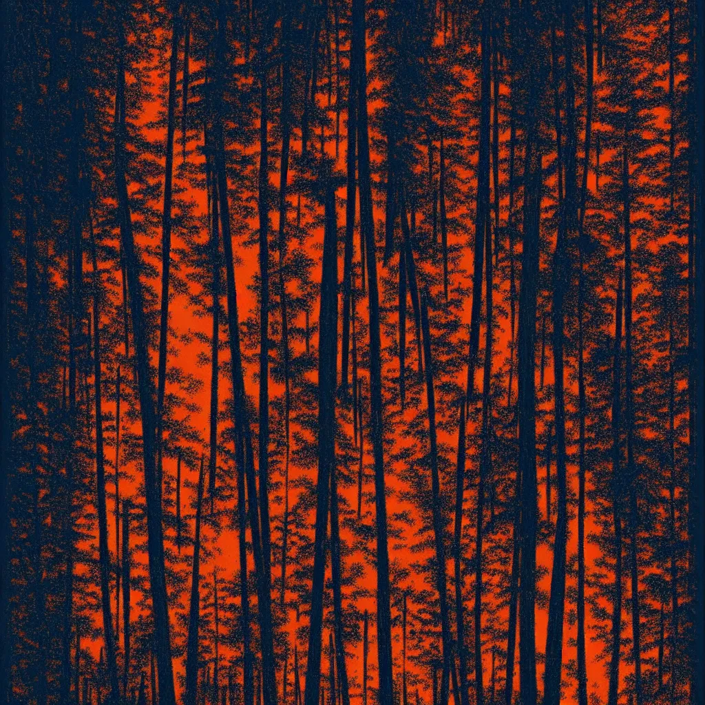 Prompt: oregon forest, mads berg, karolis strautniekas, film noir, stippled light, dramatic lighting, editorial illustration, detailed, fine texture, matte print, art deco, brutalism, dark blue + dark orange, red, black, ( ( habitat 6 7 background ) )