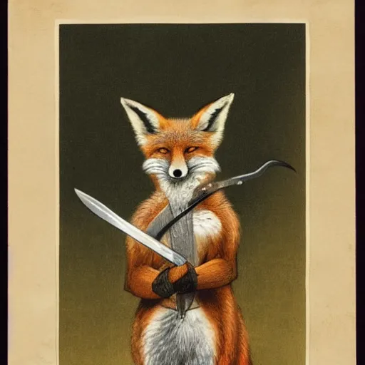 Image similar to a fox holding a sword in its mouth