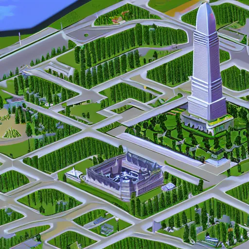 Prompt: Isometric view of Washington DC in the Sims 2000 game screenshot