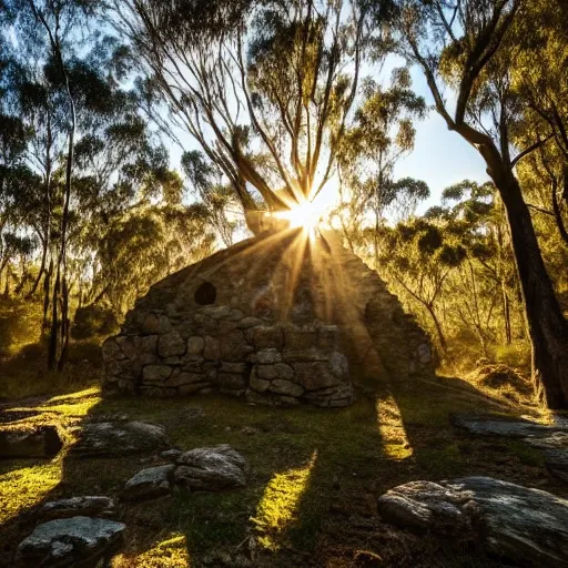 Image similar to Beautiful photo of a interesting ancient stone ruin in an Australian forest, little remaining, golden hour photography, sun hidden, blue sky, trees in the background, wallpaper, 4k